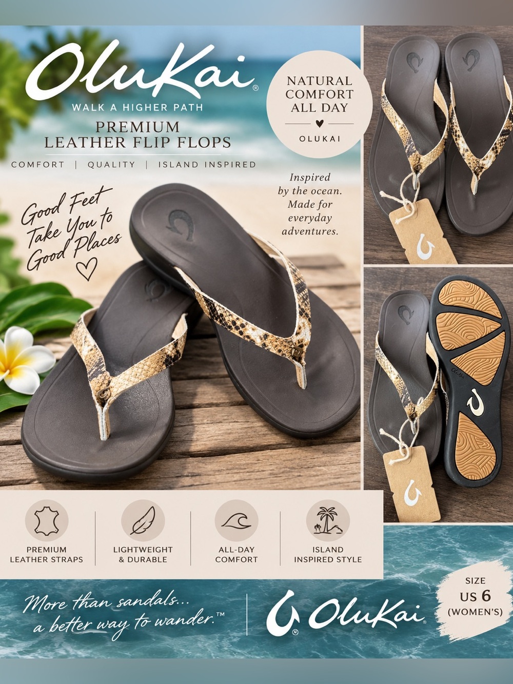 OluKai Ho’opio Leather Snake Print Flip Flop Sandals Women’s Size 6 NWT